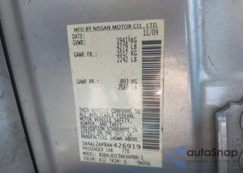 2010 Nissan Altima 2.5 S z USA, uszkodzony, nr VIN 1N4AL2AP8AN426919
